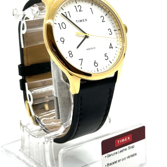 NEW TIMEX MENS GOLD LARGE 40 MM EASY READER ROUND WATCH ON BLACK LEATHER STRAP - Picture 4 of 6